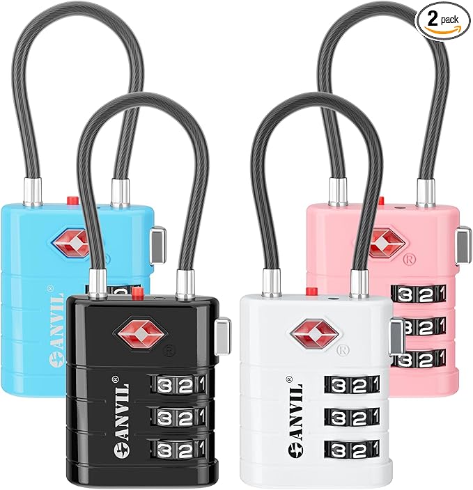 ANVIL TSA Approved Luggage Locks – High Security TSA008 Combination Travel Locks with Inspection Indicator for Suitcases and Backpacks. (4 Colors)
