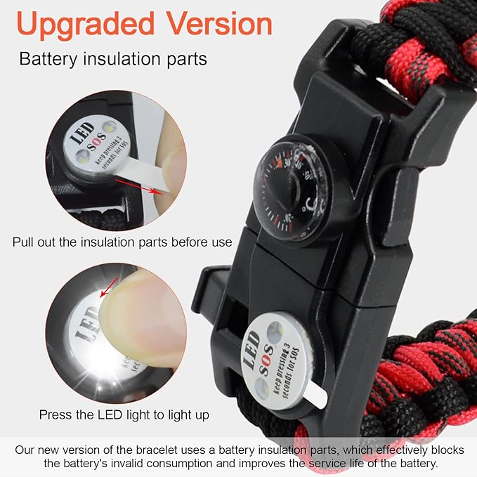 20 in 1 Survival Paracord Bracelet Adjustable Gear Kit with SOS LED Light, Fire Starter, Bigger Compass, Survival Whistle, Perfect for Camping, Hiking, Fishing