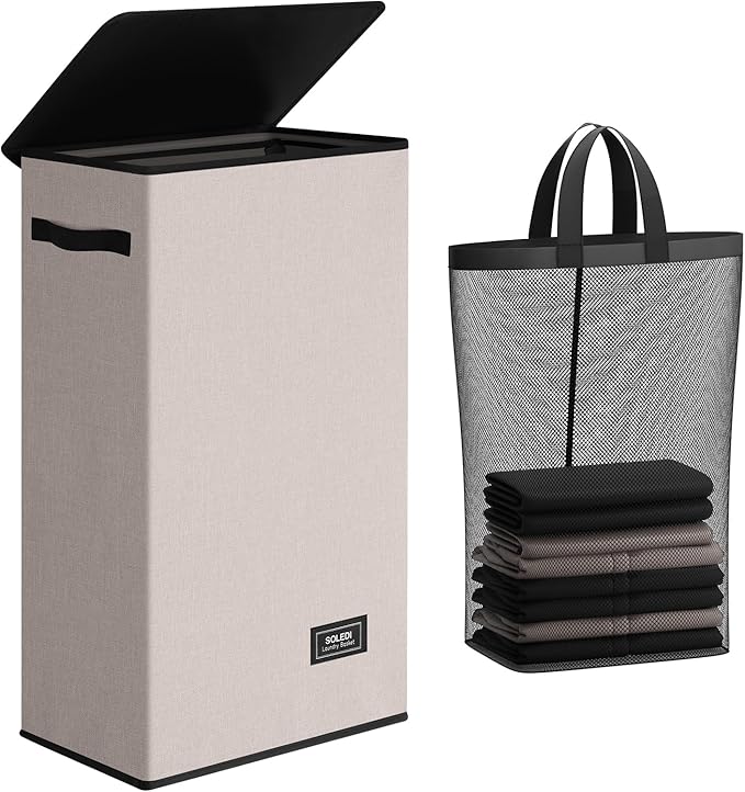 SOLEDI Slim Laundry Hamper with Lid, Narrow Laundry Basket with Removable Bags, Dirty Clothes Hamper with handle, Small Hamper perfect for Laundry room, Bathroom, Bedroom, Small spaces.Light taupe