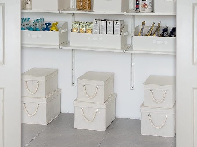 StorageWorks Storage Bins with Lids, Decorative Storage Boxes with Lid and Soft Rope Handles, Foldable Storage Baskets for Closet, Shelves, Stackable, 3-Pack, Ivory and White, Jumbo
