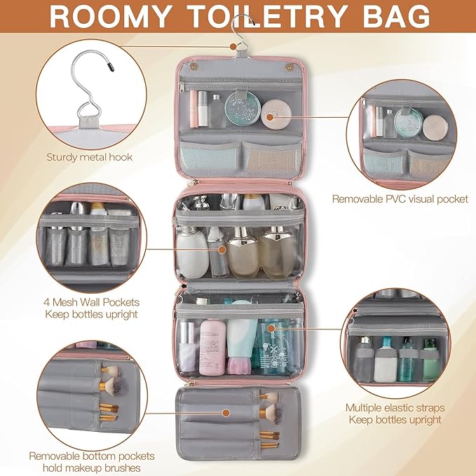Elviros Hanging Travel Toiletry Bag for Women, 3-in-1 Large Makeup Bag and Cosmetic Organizer, Vegan Leather Waterproof Skincare Case for Travel Size Toiletries and Accessories