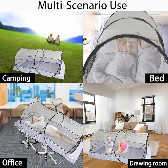 CMINGJ Portable Mosquito Net Foldable Pop-Up Travel Mosquito Net for Bed Free Installation-Suitable for Baby Adults Bedroom, Camping, nap, Patio (Large-Bottom Zipper(Black net))