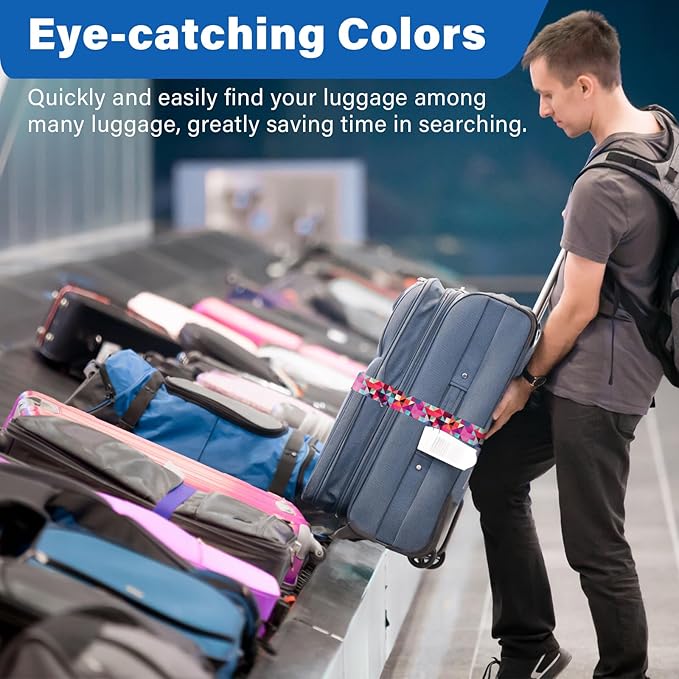 2 Pack Luggage Straps for Suitcases, Adjustable Travel Belt with Double Lock and Quick Release Buckle, Heavy Duty Nylon Bag Packing Strap, Bright Identifiers Business Travel Accessories-Colorful Block