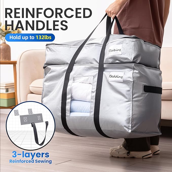 TAILI 2 Tier Extra Large Moving Bags, 4 Pack Silver Heavy Duty Totes For Storage with Visible Window, Wrap Around Handles, Storage Bags for Space Saving, Alternative to Moving Boxes