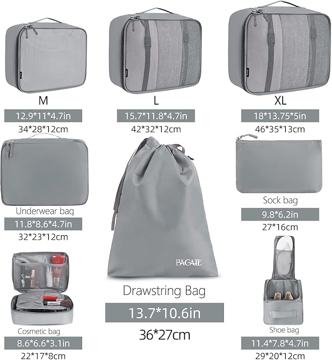 BAGAIL 8 Set Packing Cubes Luggage Packing Organizers for Travel Accessories-Pewter Color