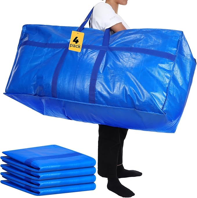 4 Pcs 66 Gallon Large Moving Bags with Zipper and Handles Foldable Storage Duffle Bags Heavy Duty Extra Large Totes for College Dorm Travel Clothes Blankets Bedding Moving (Blue)