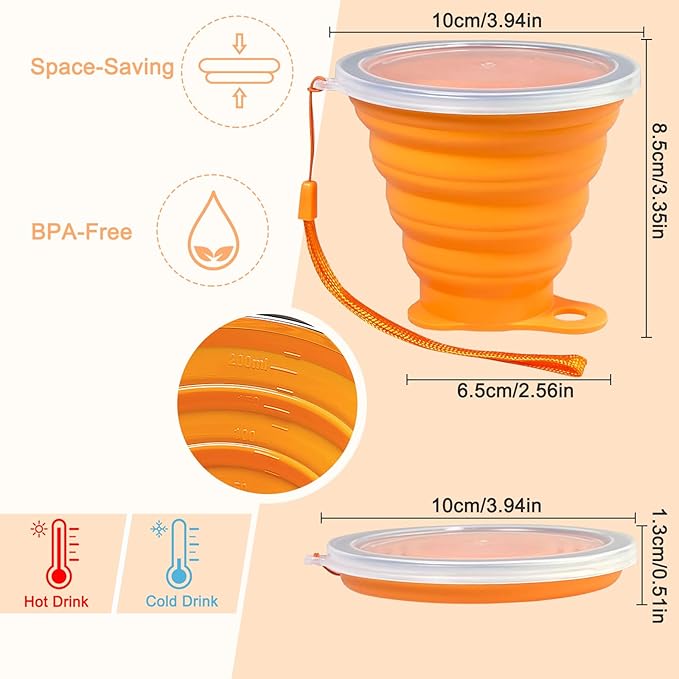 Collapsible Cups for Traveling - Portable Silicone Collapsible Cup with Lid, Reusable Collapsible Cups Drinking for Outdoor Hiking, Picnic, Fishing or Home Use (9.22oz) -4 Pack