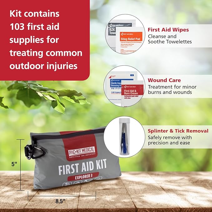 Pac-Kit Watertight Explorer 3 First Aid Kit for Hiking, Camping and Outdoor Activities, 103 Pieces