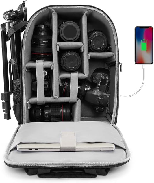 CADeN Camera Backpack Bag for DSLR/SLR Mirrorless Camera Waterproof with 15.6 inch Laptop Compartment, USB Charging Port, Tripod Holder, Rain Cover, Camera Case Compatible for Sony Canon Nikon Black L