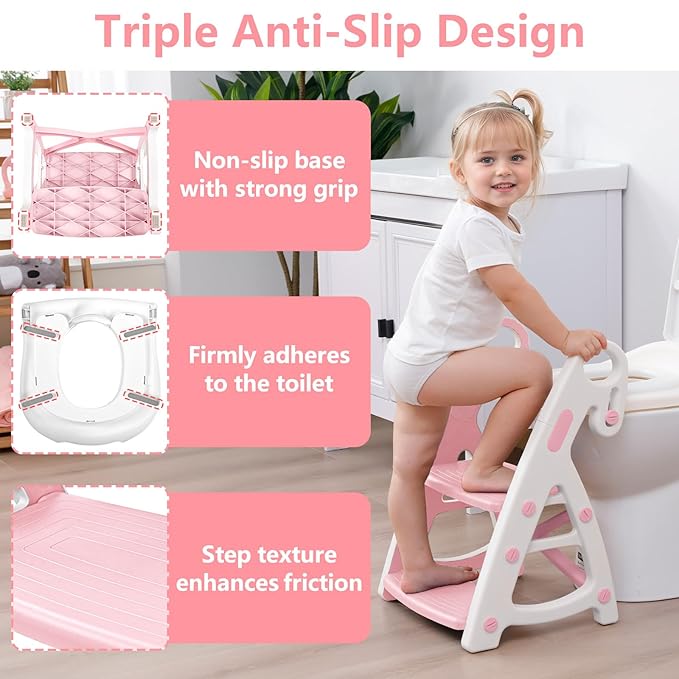 Potty Training Seat: 2 in 1 Design Potty Seat for Toilet & Nursery Step Stool for Sink Potty Training Toilet with Height Adjustable Ladder for Kids of All Ages (Light Pink)