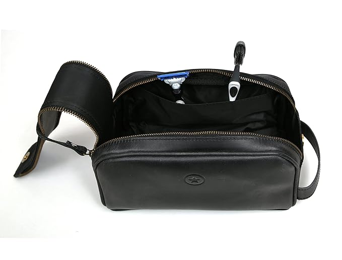 10" Premium Leather Toiletry Travel Pouch With Waterproof Lining Black Color | King-Size Handcrafted Vintage Dopp - Kit ~ Gift for Father's Day By Aaron Leather Goods