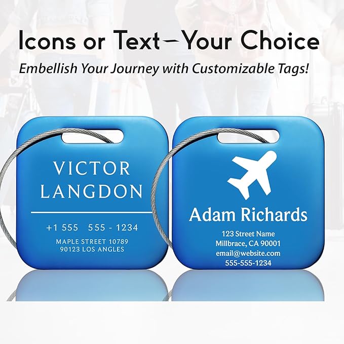 Customized Stainless Steel Luggage Tags: Personalize Your Suitcases, Backpacks, and Bags with Your Text (Blue)