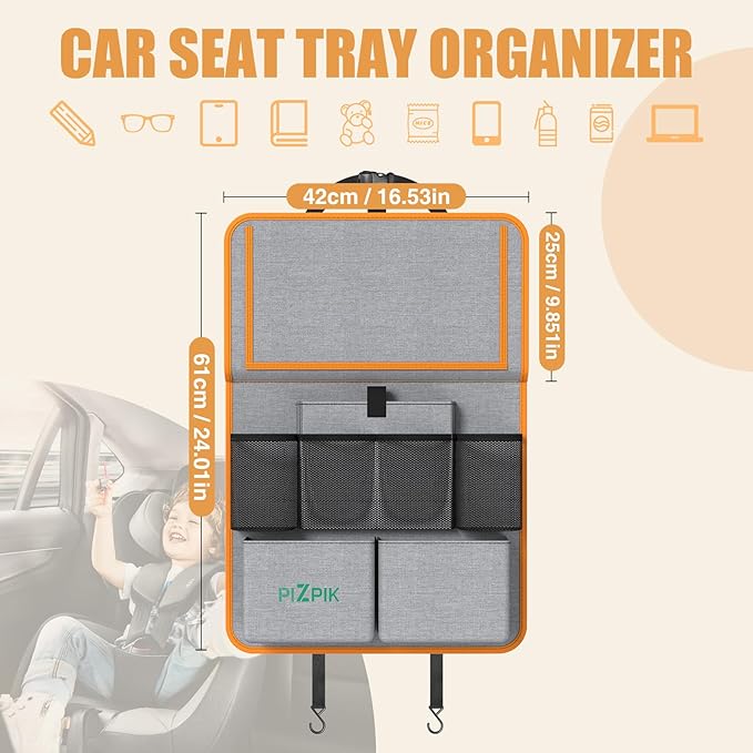 Car Backseat Organizer with Tablet Holder,11 Storage Pockets with Foldable Food Tray, Protector Kick Mats for Kids, Travel Accessories Organizer (Orange, 1Pack)