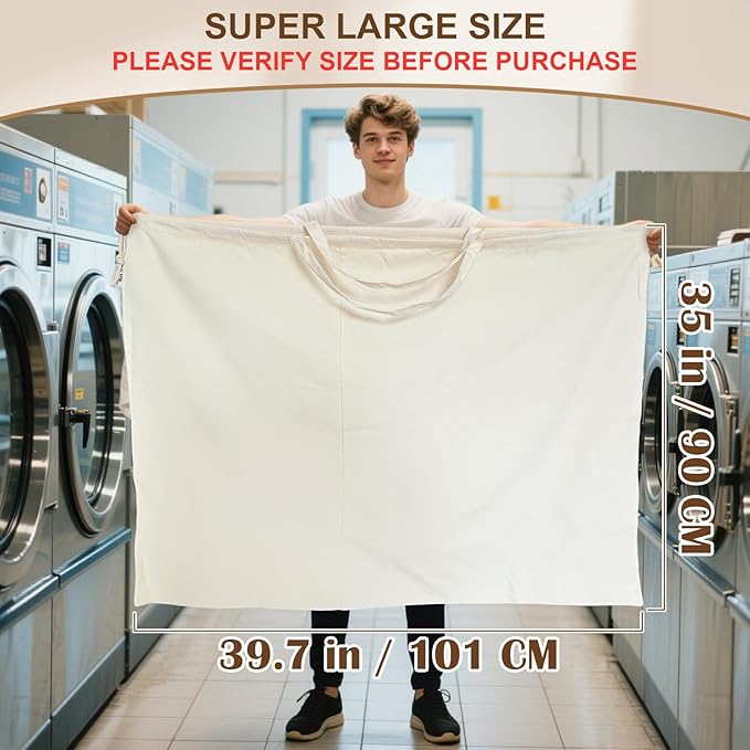 Canvas Laundry Bag 40in x 35in, Thick Cotton Laundry Bag with Handles & Drawstring, Extra Large Heavy Duty Washable Canvas Storage Sack (XXL, 1 Pack)