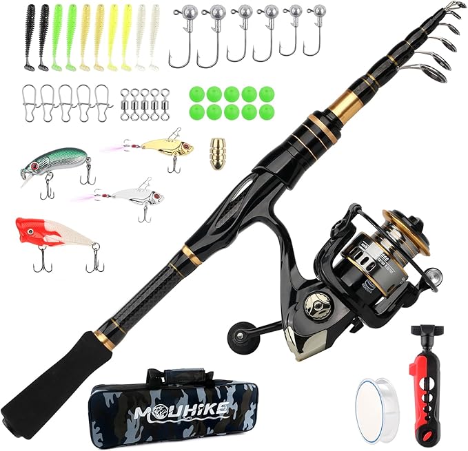 mouhike Carbon Fiber Telescopic Fishing Rod Reel Combo Lightweight Collapsible Spinning Pole Reel Kit Fishing Gear Set Portable Travel Fishing Kit with Tackle Bag Lures Hooks Fishermen Gift