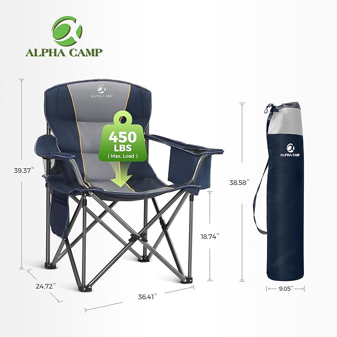 ALPHA CAMP Oversized Camping Chair Heavy Duty Lawn Chair with Cooler Bag Support 450 LBS Steel Frame Collapsible Padded Arm Quad Lumbar Back Folding Chair for Lawn Outdoor