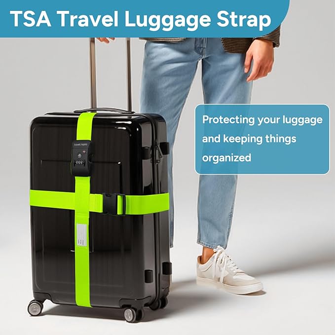 Luggage Straps with TSA Lock, Travel Belt for Luggage, TSA Approved Luggage Straps, 3-Dial Combination Locks Adjustable Suitcase Belt, Quick-Release Buckle (Green), 2 Pack