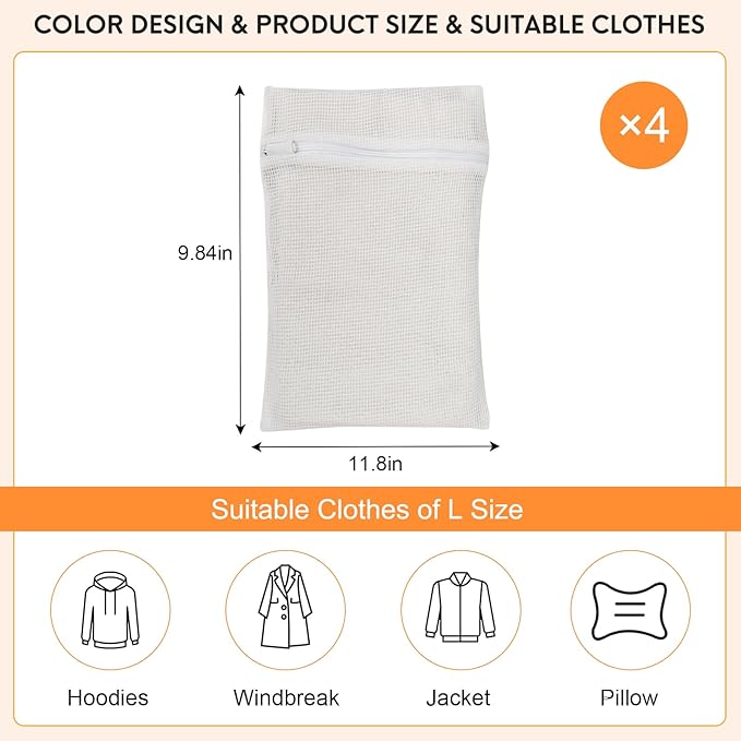 4 Piece White Small, Durable Organic Cotton Mesh Laundry Bag with Strong Zipper and Breathable Mesh, Delicate Laundry Bag for Underwear, Clothes, Pants and Socks
