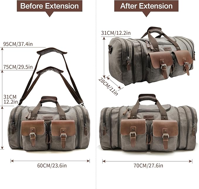 Wildroad 60L Travel Duffel Bag, Expandable Canvas Genuine Leather Duffle Bag Upgraded Overnight Weekender Bag Carry on Bag