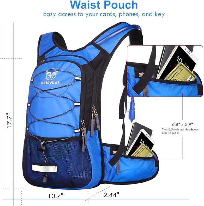 Insulated Hydration Backpack Pack with 3L BPA Free Leak Proof Water Bladder, Large Storage Lightweight Hiking Daypack with Waist Pouches & Cooler Layer, for Running, Biking, Camping, Festival