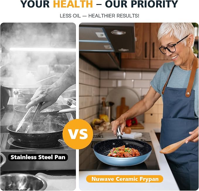 Nuwave 3-Piece 8”, 10”, 12” Forged Lightweight Frying Pan Set, G10 Healthy Duralon Blue Ceramic Ultra Non-Stick, Ergonomic Stay-Cool Handles, Induction-Ready & Works on All Cooktops