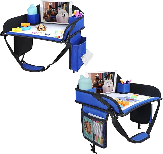 Kids Travel Tray for Car Seat, Toddler Road Trip Essentials With Drawing Kit, Travel Activities Must Haves (Navy Blue-2PCS)