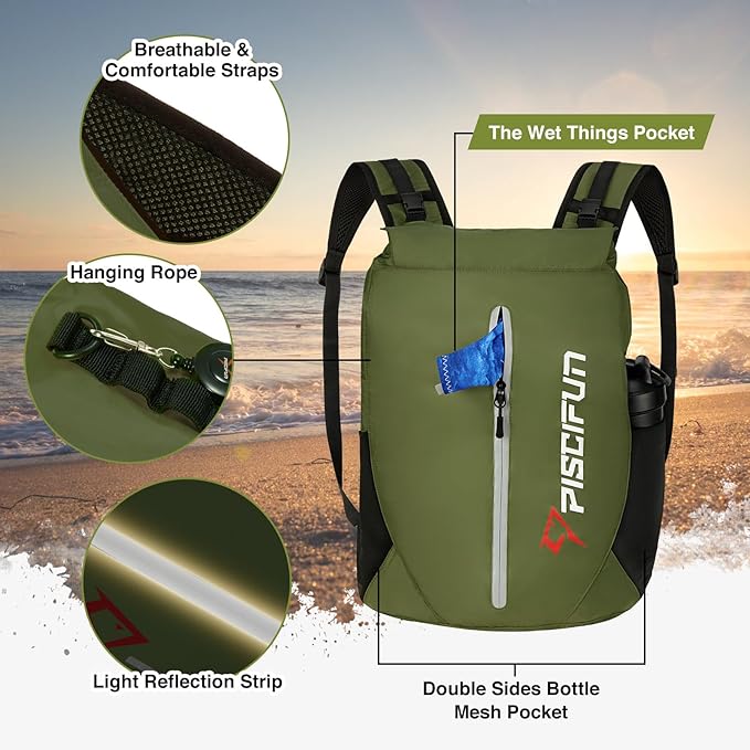 Piscifun Dry Bag Waterproof, Lightweight Dry Backpack Roll-Top Sealed with Waist Pouch and Phone Case Keeps Gear Dry Inside for Kayaking, Boating 10L 20L 30L