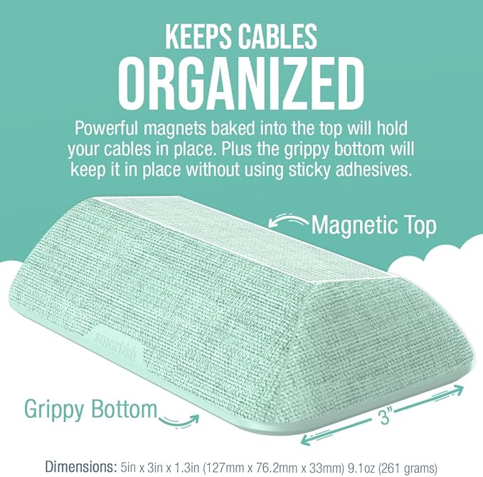 Smartish® Magnetic Cord Holder - Bigger Cable Wrangler Organizer with Magnet Clips for Charger Management on Desktop, Nightstand, or Side Table - Holds 6+ Cables - Teal Me More