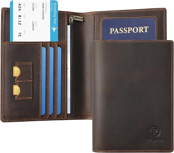 Ringsun Leather Passport Cover for Men Women, RFID Passport Wallet Case Travel Passport Holder for Family