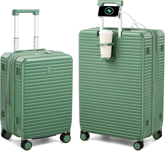 Hard Shell Suitcases Expandable Travel Luggage Sets 2 Piece, Carry on and Check in Luggage Lightweight Suitcase Set 2 Piece with Wheels Cup Holder Charger Built in (Forest Green, 20/28)