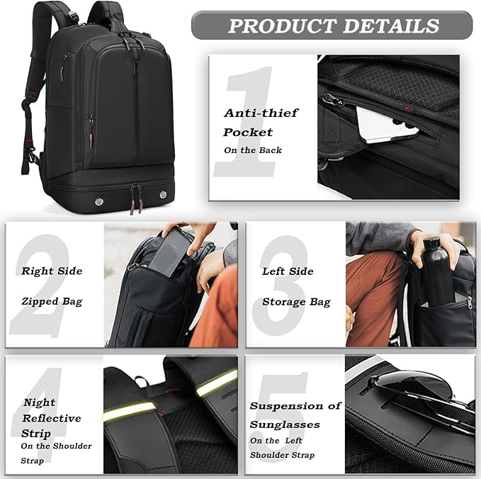 Somago Laptop Backpack Carry On Water Resistant Durable Daypack Backpack fits 16 inch Laptop Anti Theft Travel Rucksack Backpack with Shoe Compartment Luggage Strap for Men Women, 33L, Black