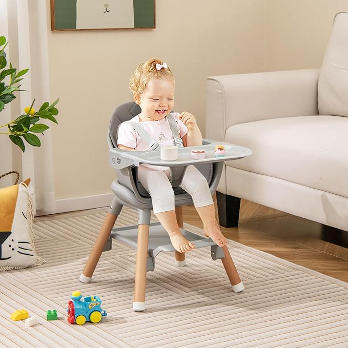 BABY JOY Baby High Chair, 6 in 1 Convertible Wooden Highchair for Babies & Toddlers with Adjustable Legs, Removable Double Tray, Safety Harness & Waterproof PU Cushion (Gray)