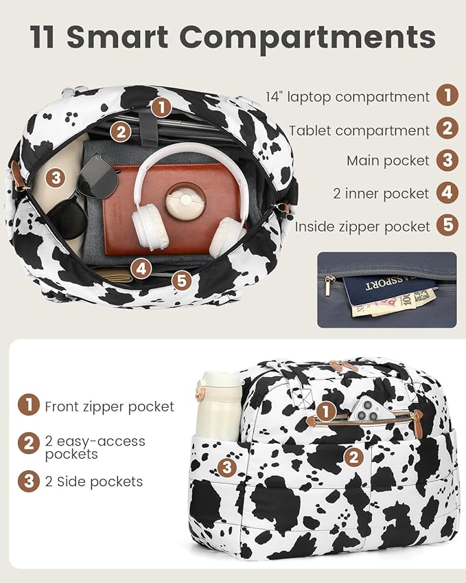 Travel Duffle Bag,Puffer Carry On Duffel Bag with Laptop Compartment Waterproof Overnight Weekender Bags for Women Large Hospital Tote Bags for Labor and Delivery(Medium,Cow Print)