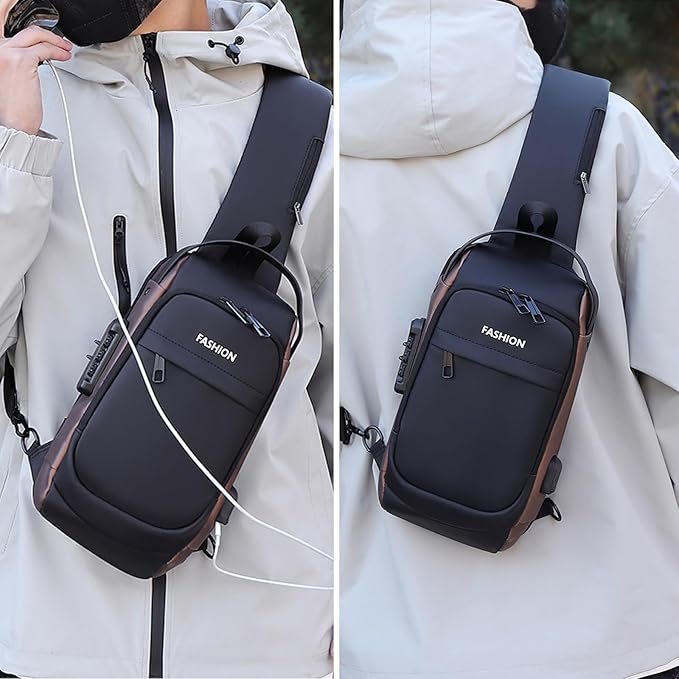 Sling Bag for Men Anti-theft USB Crossbody Shoulder Backpack Purse Waterproof PU Leather Chest Bag Travel Daily Use