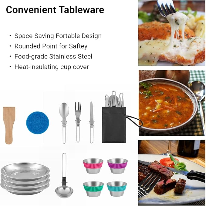 Bulin 24/13/11/8/4 PCS Camping Cookware Mess Kit Lightweight Backpacking Cooking Set Outdoor Cook Gear for Family Hiking, Picnic(Kettle, Pot, Frying Pan, Bowls, Plates, Spoon)