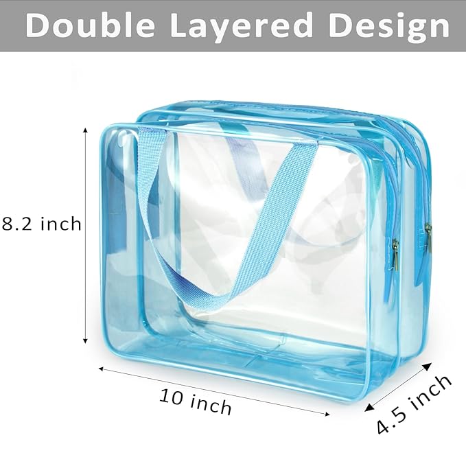 2Pcs Crystal Clear PVC Travel Toiletry Bag Kit for Women Men, Waterproof Vinyl Organizer Clear Makeup Bags with Zipper, Cosmetic Bag Pouch Carry on Airport Airline Compliant Bag Handbag (Double Layer)