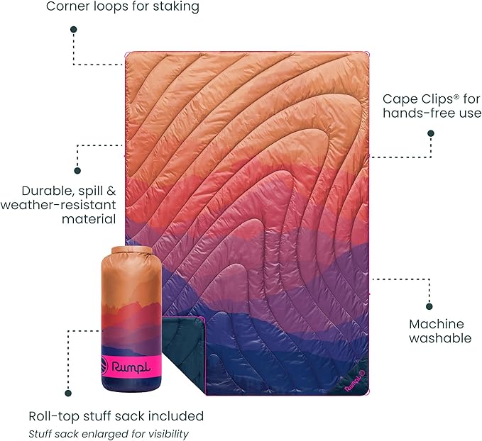 Rumpl Original Puffy Blanket - Warm, Water-Resistant Camping Blanket with 100% Recycled Synthetic Insulation, 52"x75", Original Puffy V2, Sierra Sunset Fade