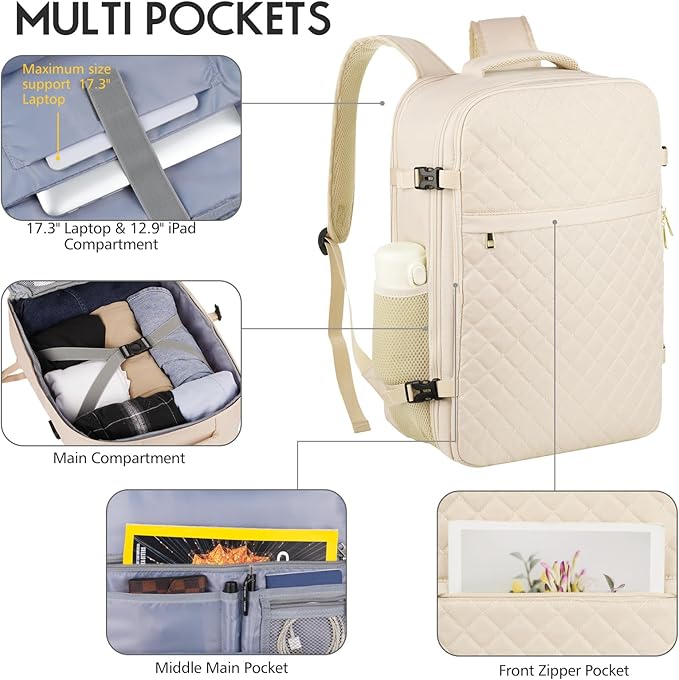MOMUVO Large Travel Backpack Women, Flight Approved Carry On Backpack, Water Resistant Anti-Theft Large Casual Daypack Fit 17 Inch Laptop with USB Charging Port, Beige