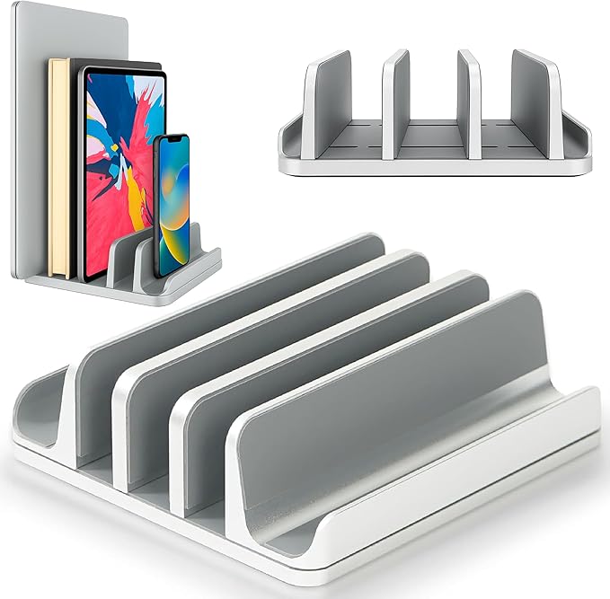 Multiple Laptop Holder Adjustable Laptop Stand Holds 5 Devices, Fits All MacBooks Laptops Tablets and Mobiles (up to 17.3'), Closed Upright Vertical Laptop Stand for Desk