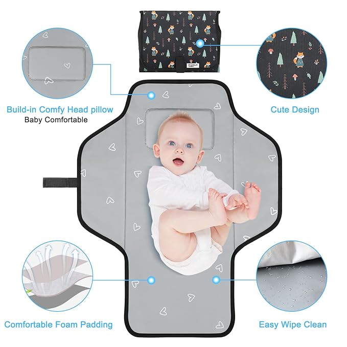 Baby Portable Changing Pad Travel - Waterproof Compact Diaper Changing Mat with Built-in Pillow - Lightweight & Foldable Changing Station, Newborn Shower Gifts
