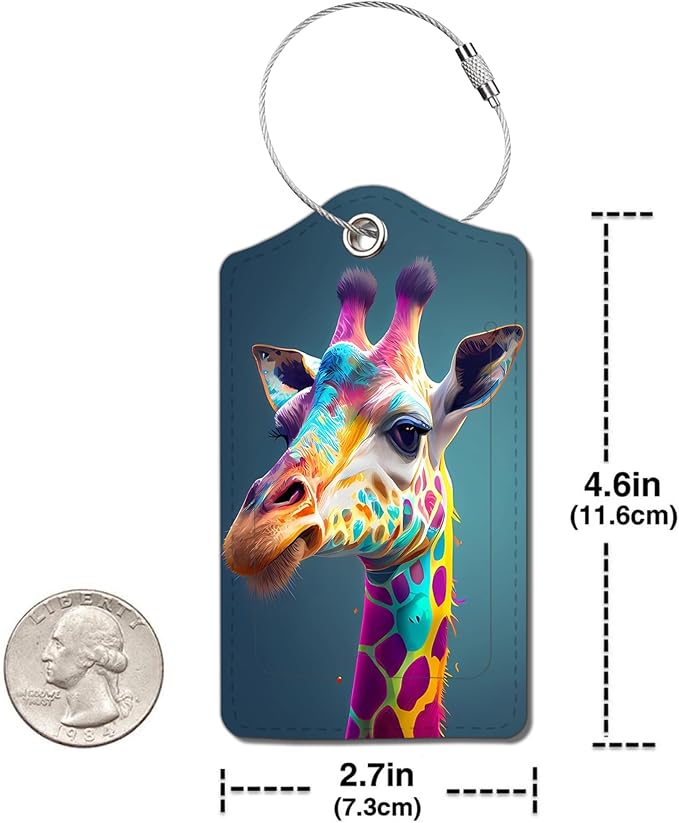 2 Pack Luggage Tag for Suitcase, Cute Unique Leather Bag Tags Identifiers Privacy Cover ID Label with Durable Steel Loop for Women Men Kids Girls Travel，GiraffeA