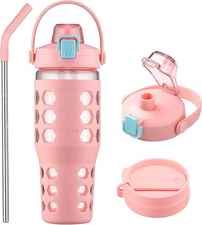MUKOKO 32 oz Glass Tumbler with Straw,Glass Water Bottles with Time Marker,Iced Coffee Cup with 2 Lids-Handle Spout Lid&Straw Lid,Silicone Sleeve,Leakproof,1 Pack-Pink
