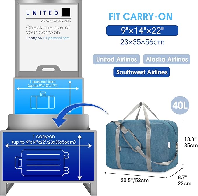 Carry on luaggage 22x14x9 Airlines Approved Foldable Carry on Bag Travel Duffel Packable Duffle Overnight for Women and Men 40L (Navy Blue)