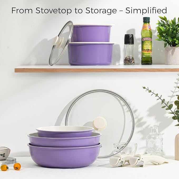 15Pcs Pots and Pans Set Non Stick, Cookware Sets with Detachable Handle, Nonstick RV Kitchen Cooking Tools Removable Handles, Oven Safe, Induction Fast, Stackable Induction Cookware, Purple