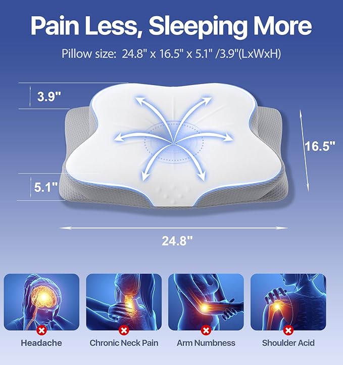 Cervical Pillow for Neck Pain Relief - Ergonomic Memory Foam Pillow with Cooling Case Orthopedic Support Side Sleeper Pillow for Pain Relief Support for Side Back Stomach Sleepers
