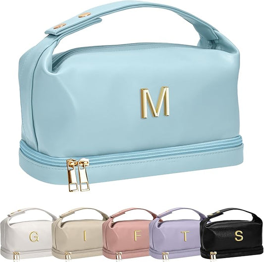 College Gifts for Women, Personalized Makeup Bag with Handle, Initial Double Layer Cosmetic Bag with Makeup Brush Organizer, Teacher Appreciation Gifts for Women, Gifts for Friends Female Mom