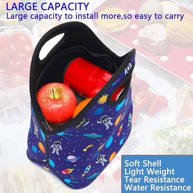 FlowFly Neoprene kids Lunch box Insulated Soft Bag Mini Cooler Thermal Meal Tote Kit for Boys, Girls,Men,Women,School,Work, Office, Astronaut