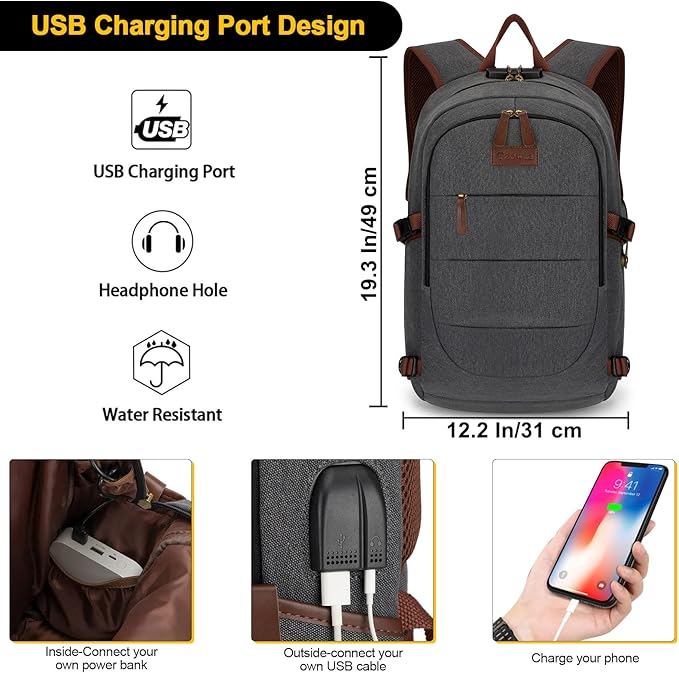 Canvas Laptop Backpack-Anti Theft Bag for Men Women,Rucksack Fits 15.6Inch Laptop, Work Travel with USB Charging Port and Lock
