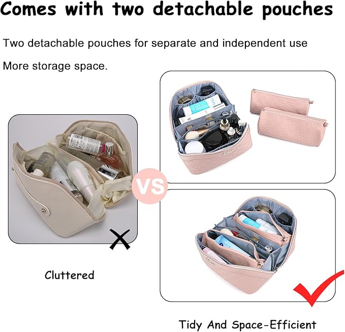 Travel Makeup Bag Organizer Cosmetic Bag: 3 Pcs Set Make up Bags for Women with Handle - Waterproof Vegan Leather Toiletry Bags with Comparments (C-05-Pink)
