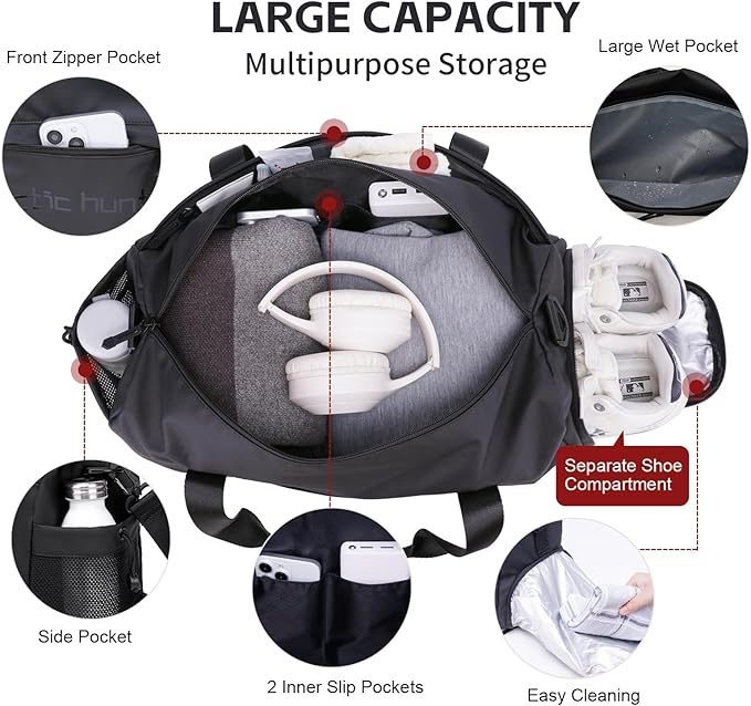 Small Gym Bag Duffel Bag for Men Women with Shoe Compartment Ideal for Sports,Travel,and Overnight Trips, Athletic Gear Workout Weekender Bags, Black